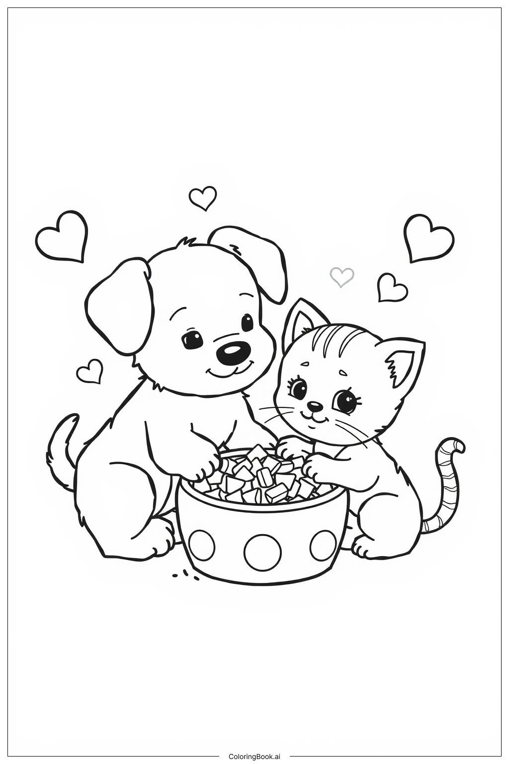  かわいい子犬と子猫が食べ物を分け合うの塗り絵ページ 