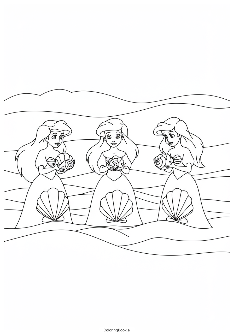  Página para colorir de Ariel e suas irmãs segurando conchas 