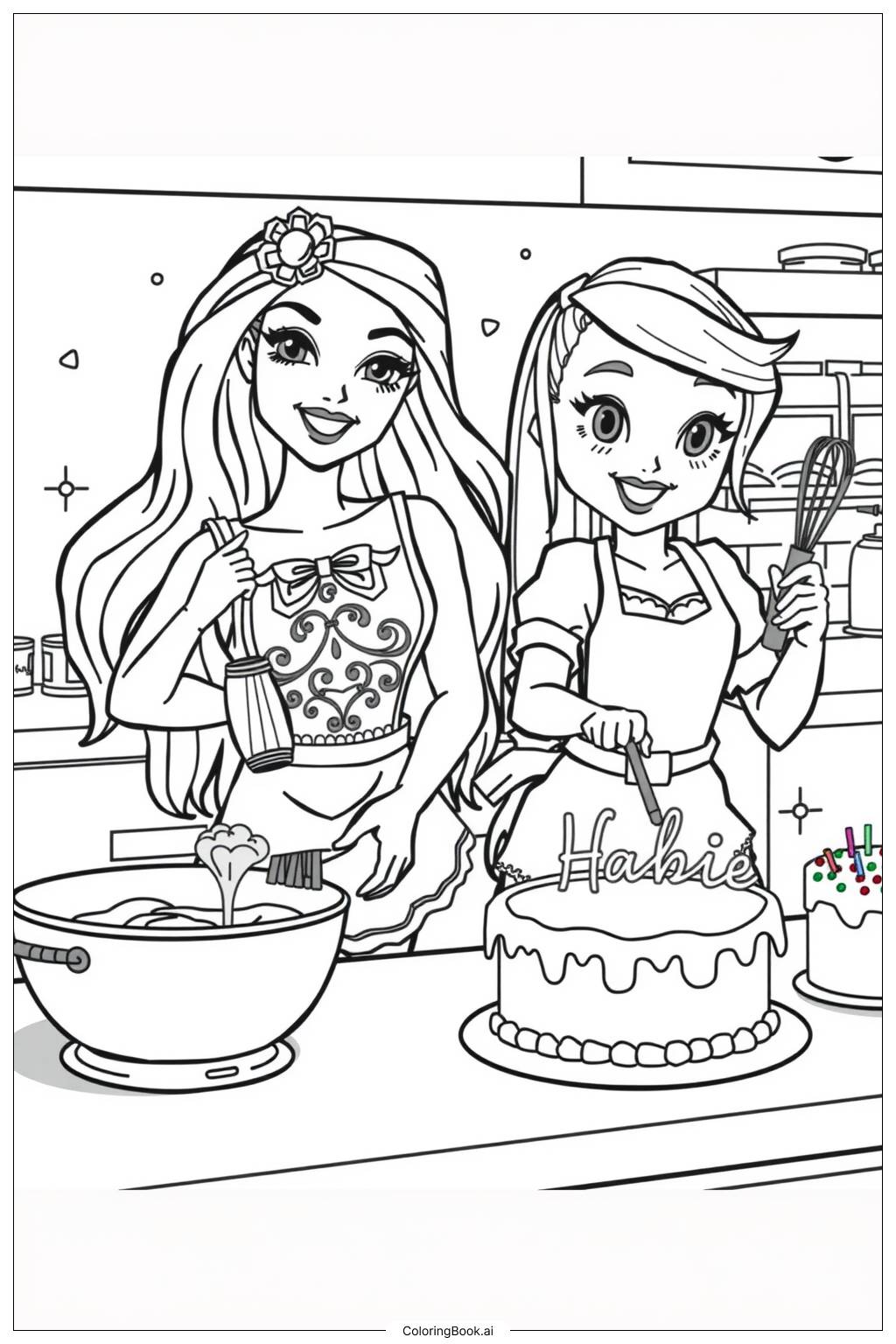  Page de coloriage gâteau Barbie avec Chelsea 