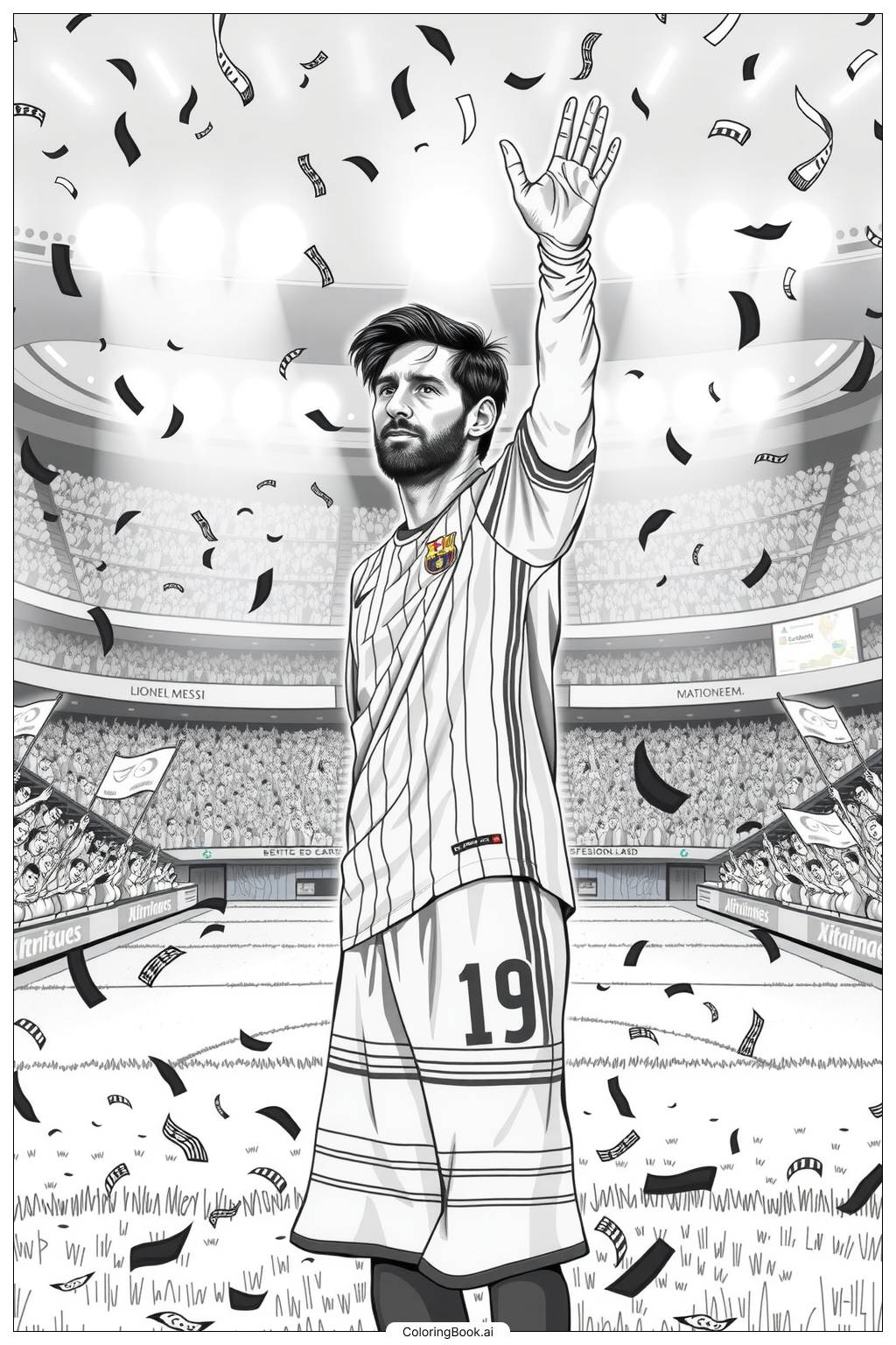  messi surrounded by cheering fans in a stadium Coloring Page 