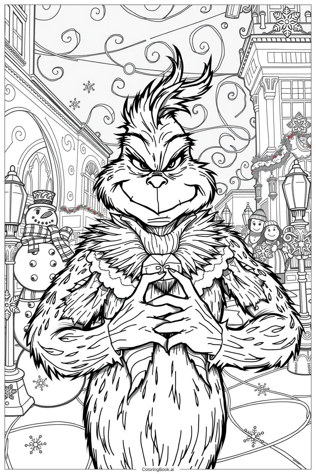  Page de coloriage Le Grinch jouant avec les enfants de Whoville 