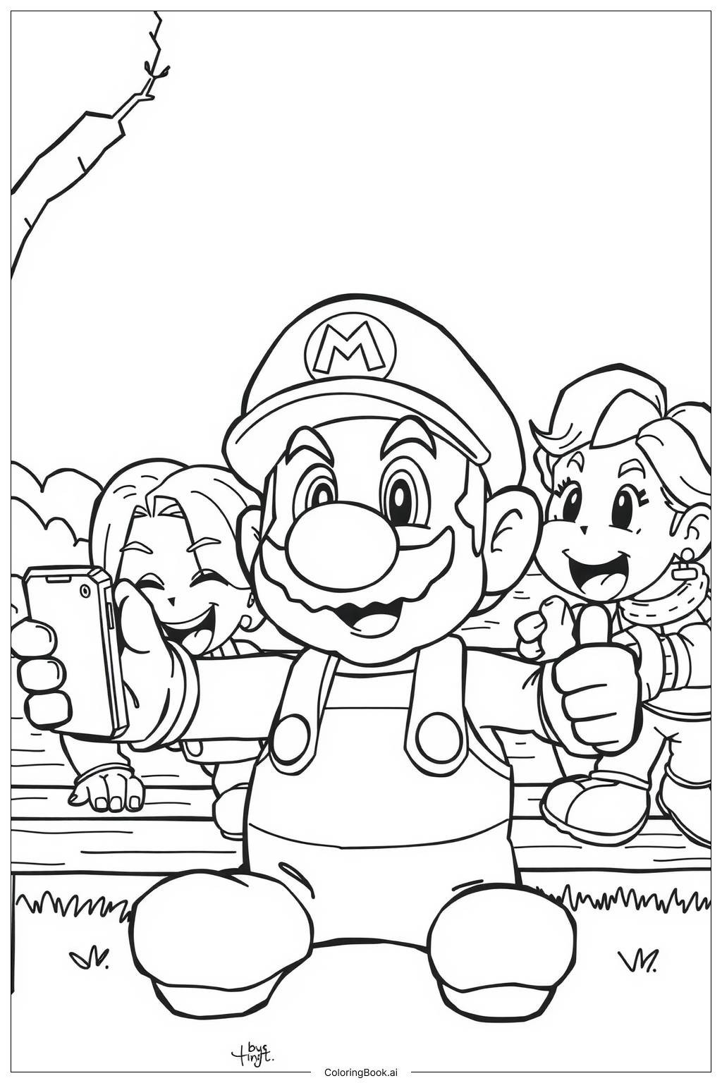  Page de coloriage Mario se prenant en selfie avec des amis pour 2025 