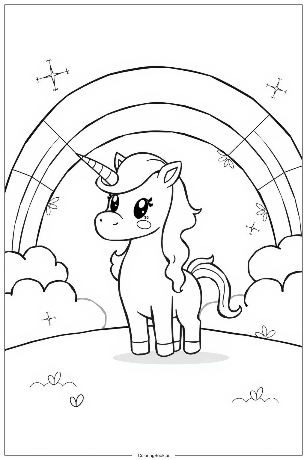  Page de coloriage licorne avec un fond arc-en-ciel 