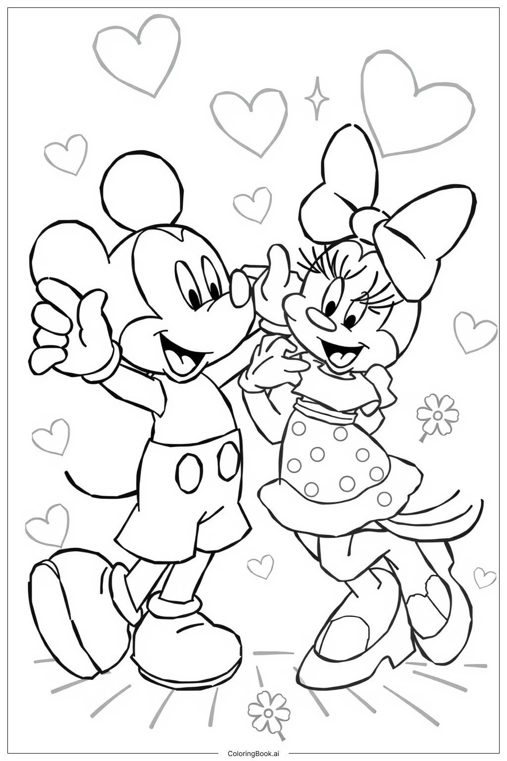  Page de coloriage Mickey et Minnie mignons ensemble 