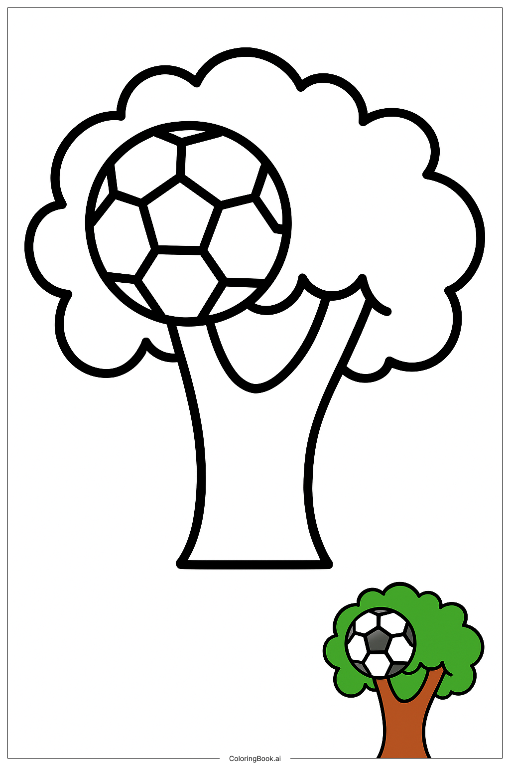  Page de coloriage Ballon de Football Coincé Dans un Arbre 