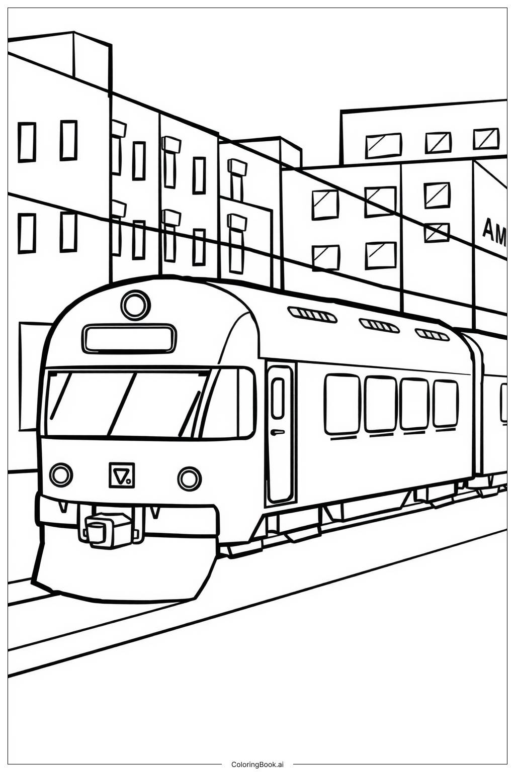  Página para colorir de trem amtrak passando por uma cidade 