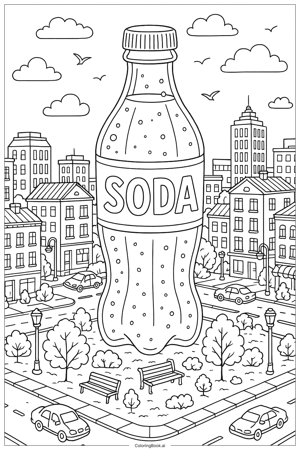 Página para colorear de Una botella gigante de refresco en una ciudad diminuta