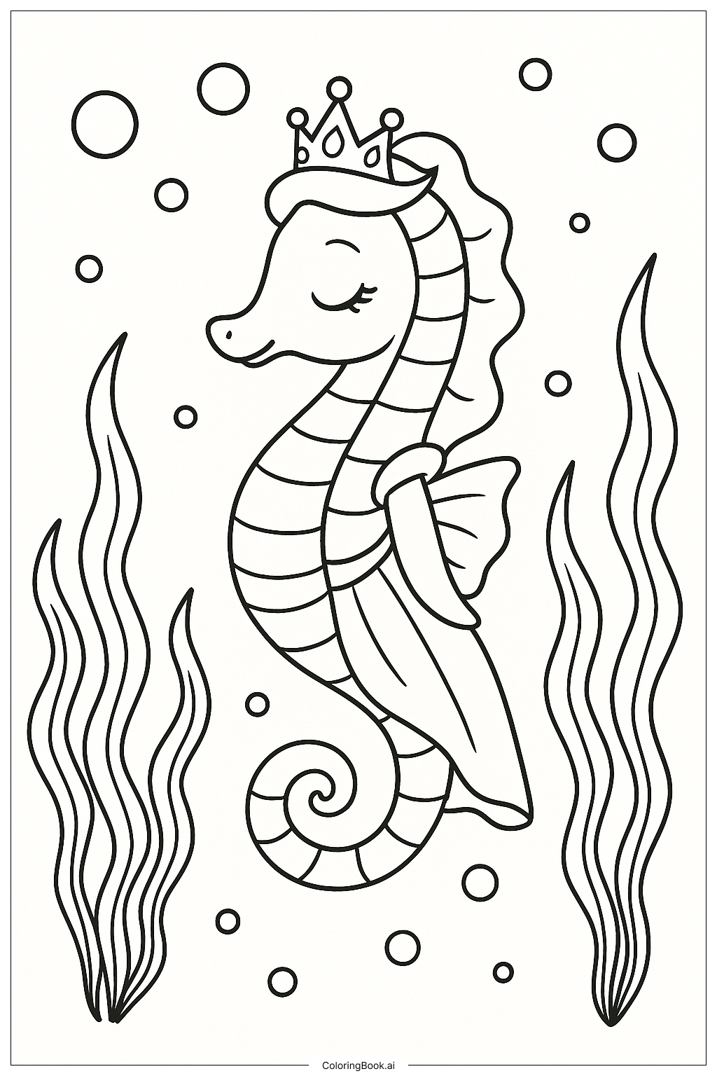 Página para colorear de La Princesa Caballito de Mar con una Tiara