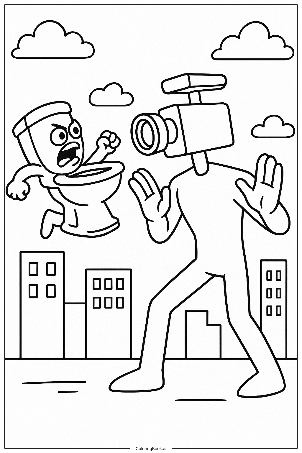  Page de coloriage Titan Cameraman Combat contre une Toilette Skibidi 