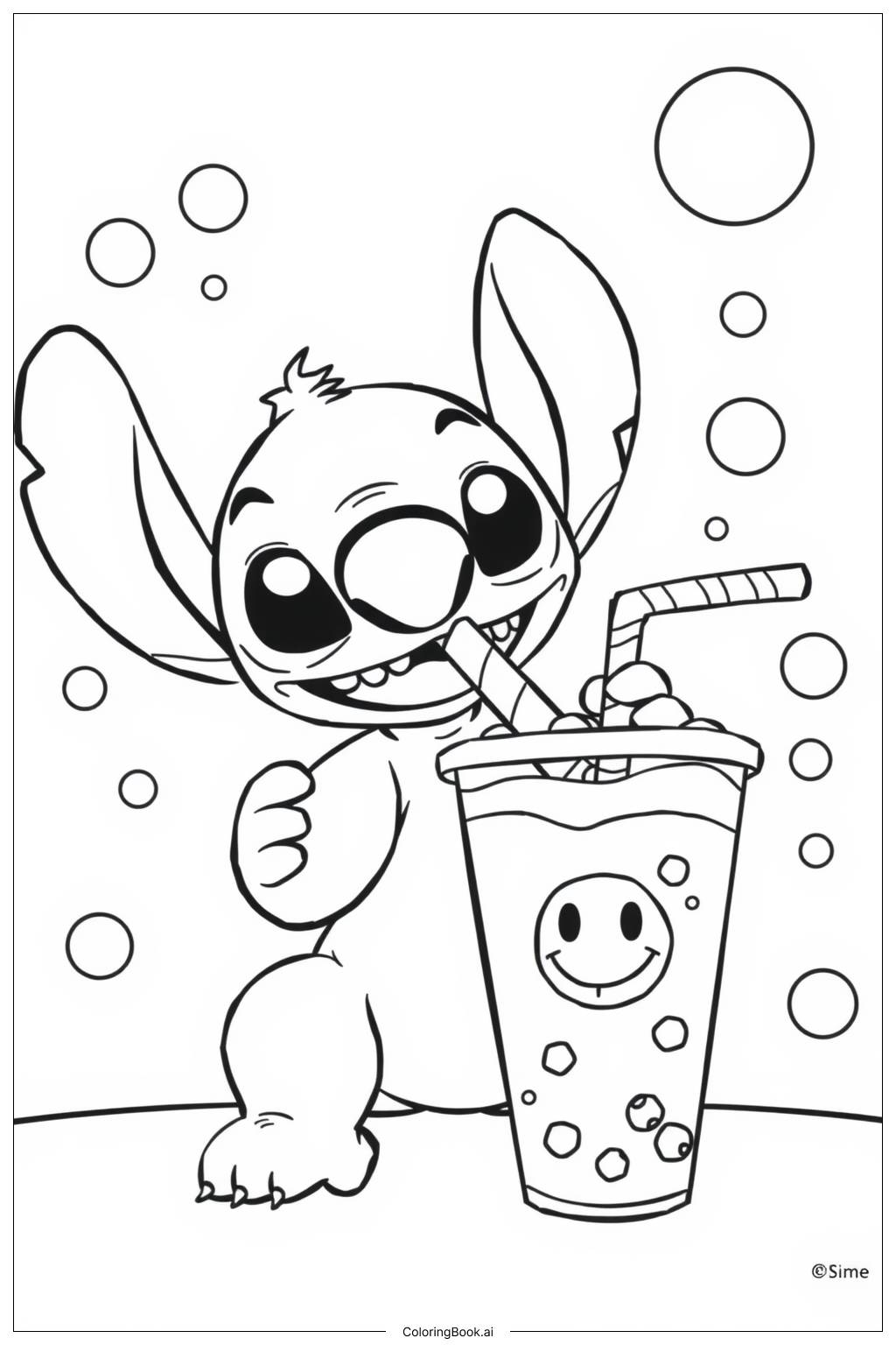  Stitch Drinking Boba Coloring Page 