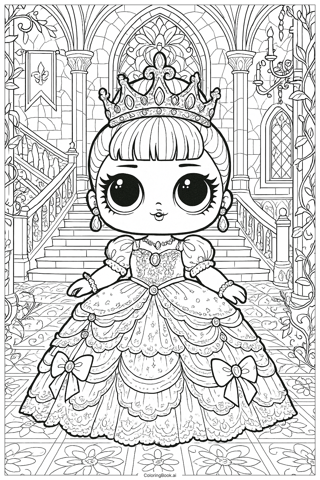Página para colorir de Boneca Lol como Princesa em um Castelo