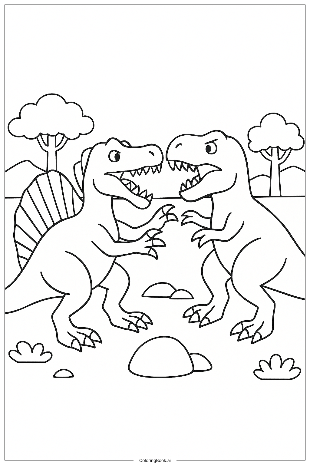 Página para colorear de Batalla Spinosaurus Vs T-Rex