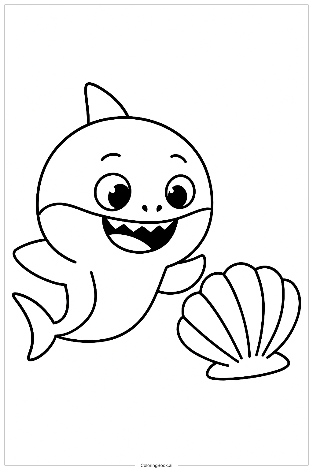  赤ちゃんサメが貝殻を見ているの塗り絵ページ 