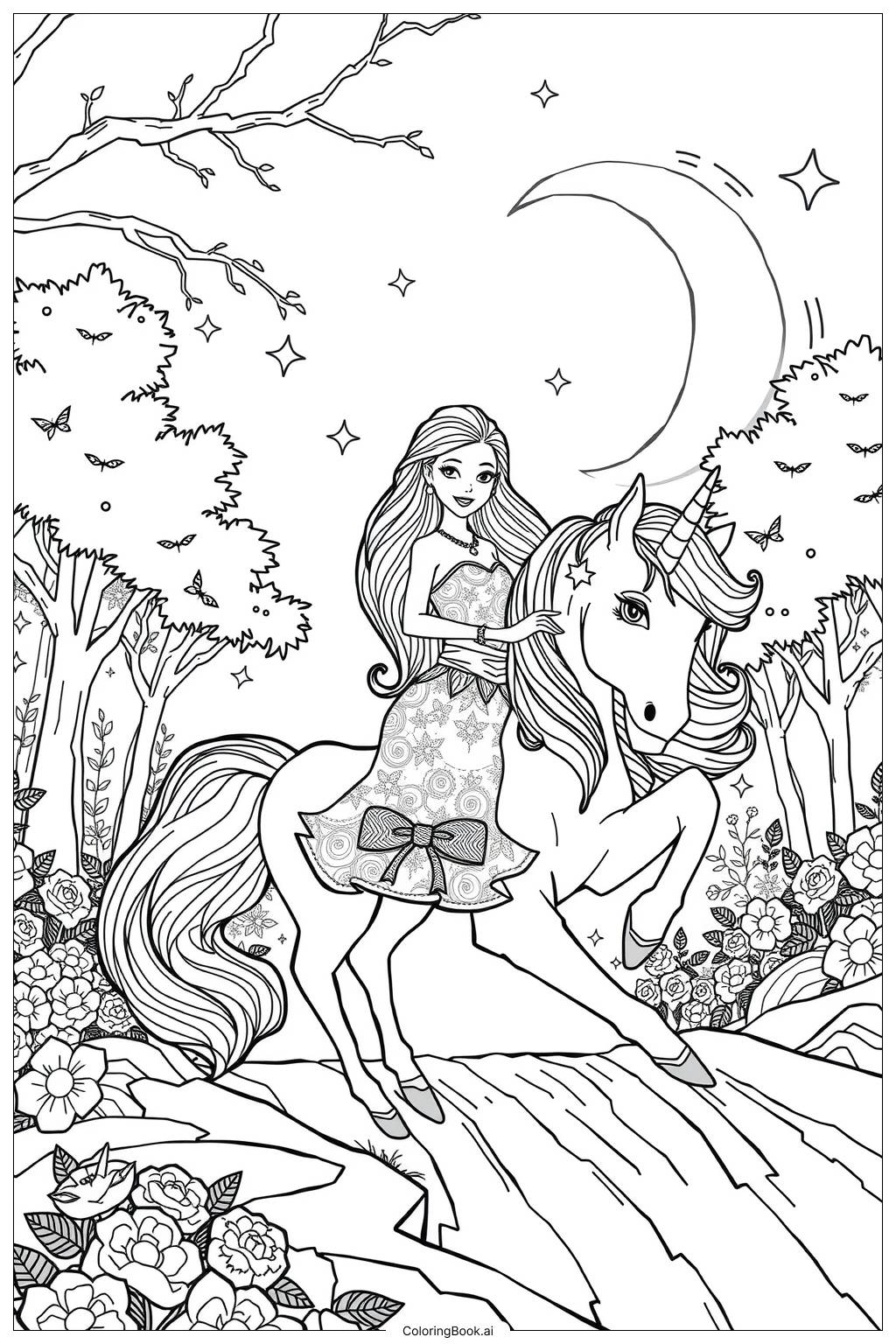  Página para colorear de aventura de unicornio de barbie 