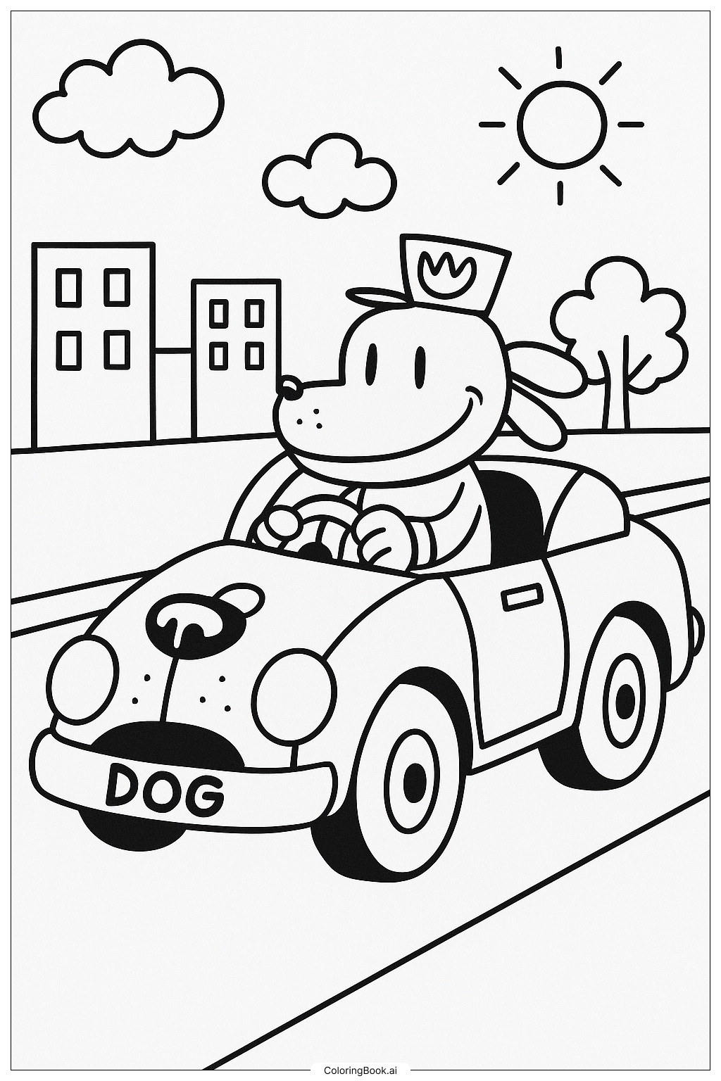  狗狗人駕駛狗狗車著色頁 