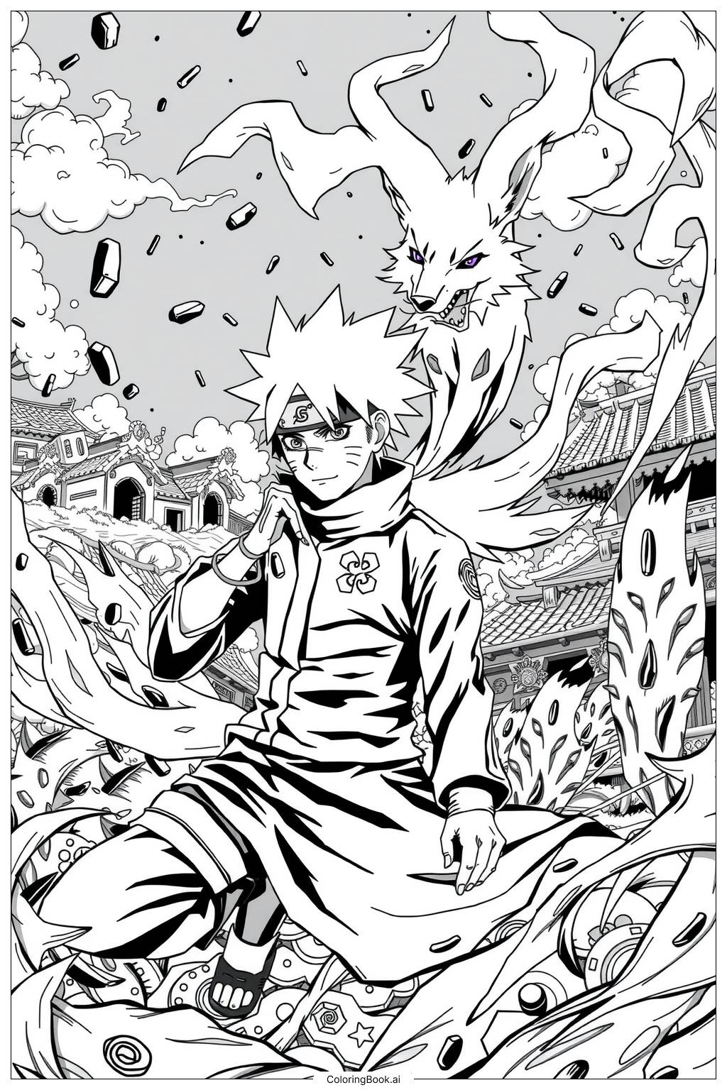  Naruto with Nine Tailed Fox Coloring Page 