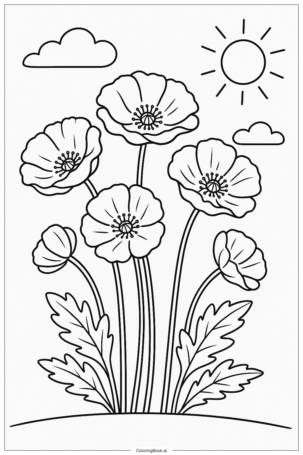 Página para colorear Un Ramo de Flores de Amapola (Descarga gratuita en PDF  \u0026 PNG), image size:1024x1536
