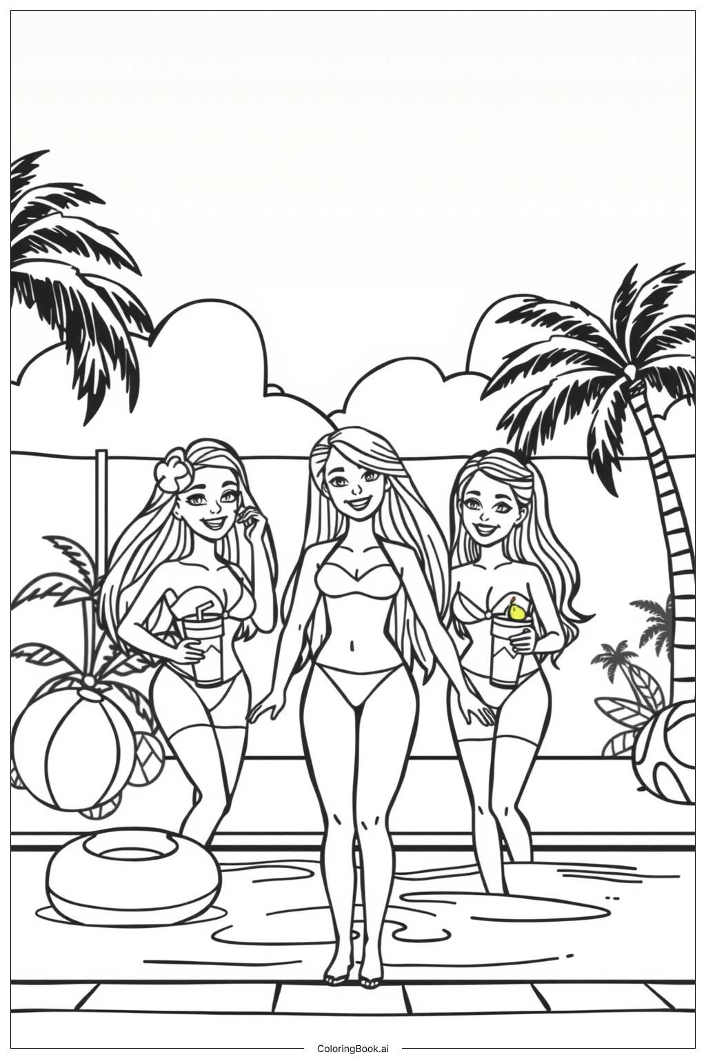  Página para colorear de fiesta en la piscina de la casa de Barbie en Malibu 