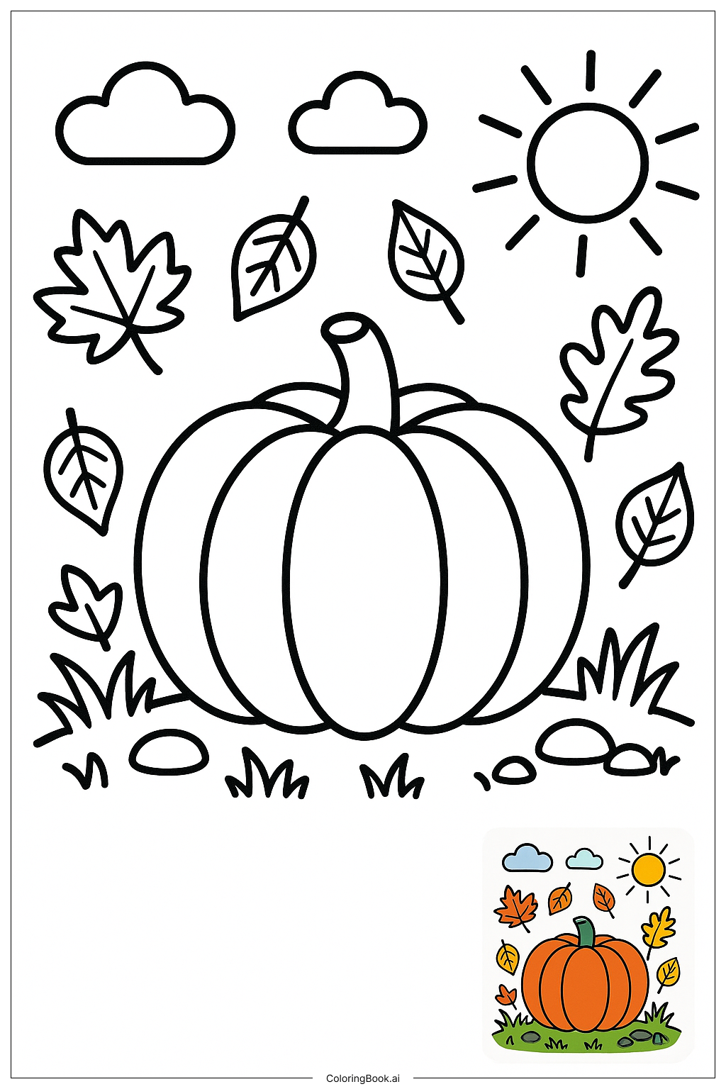 秋のカボチャと落ち葉に囲まれて 塗り絵ページ（無料のPDF＆PNG