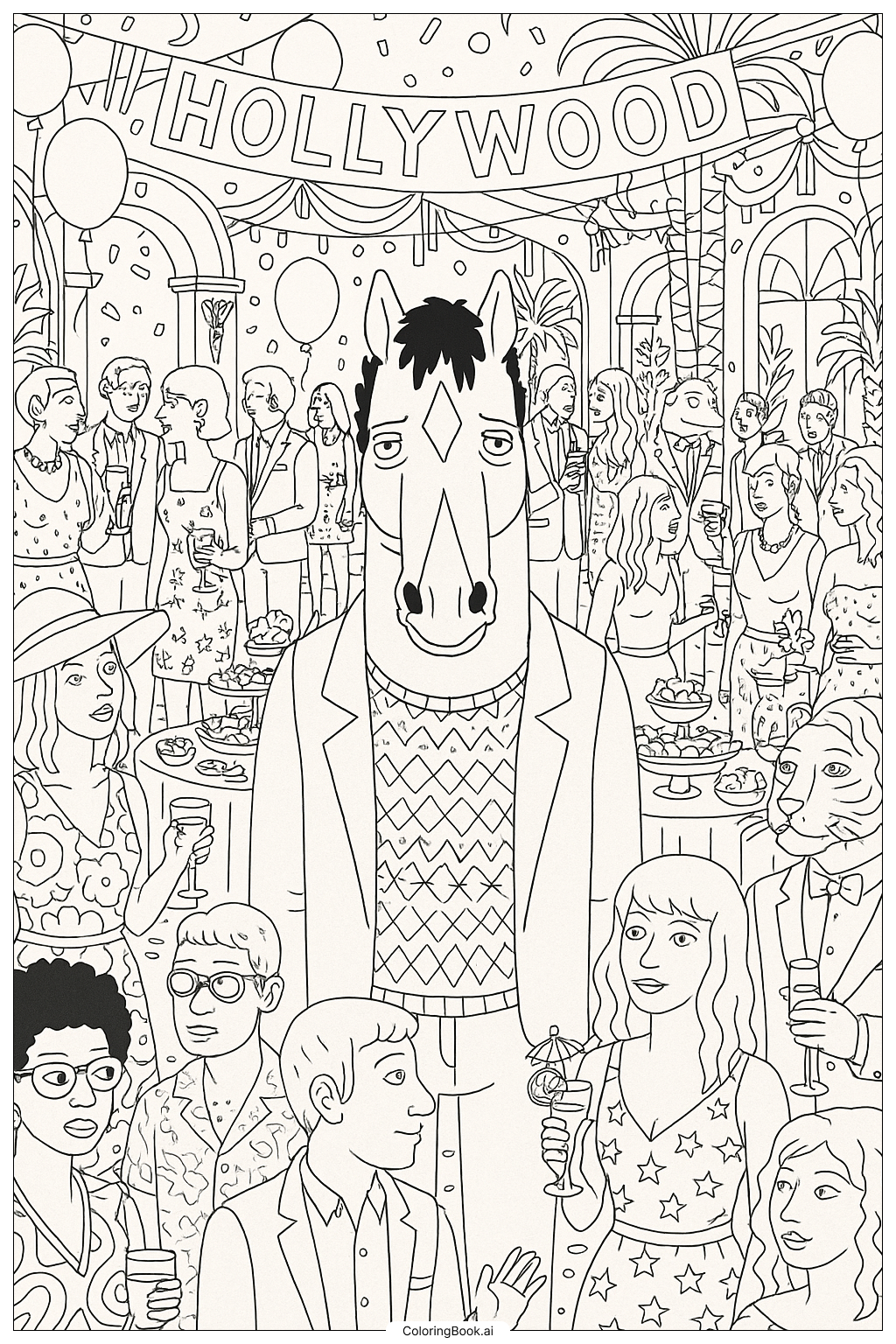  Page de coloriage Bojack Horseman à une fête hollywoodienne bondée 