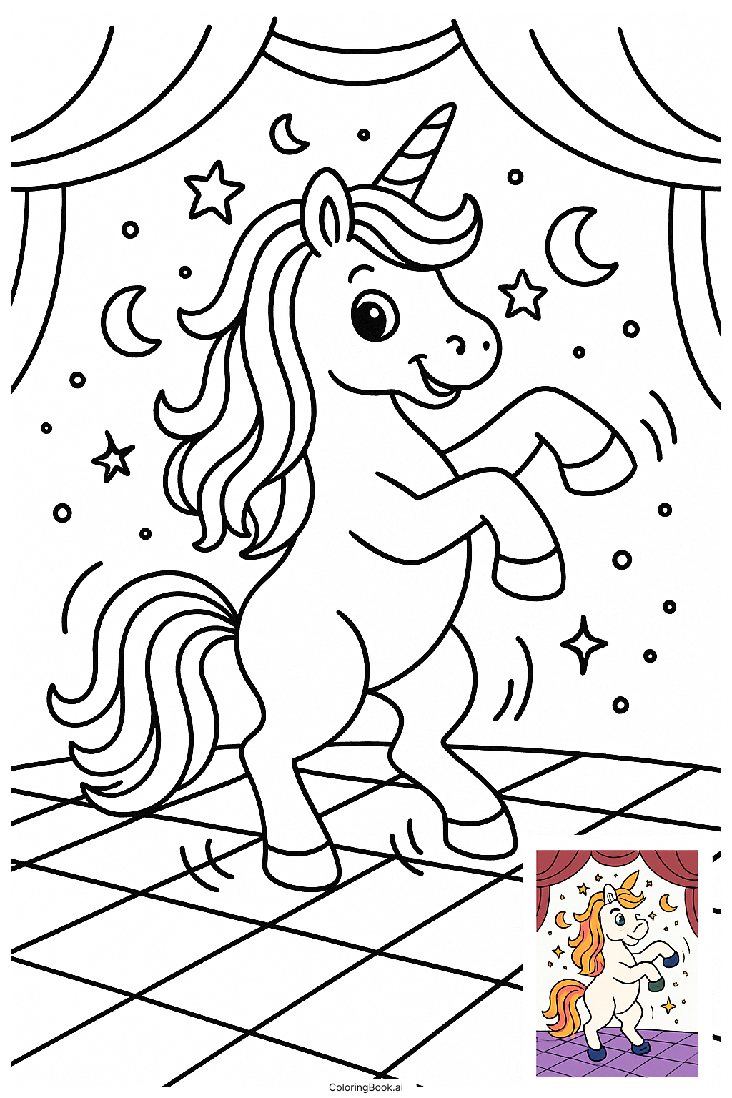  Unicorn Dancing At Party Coloring Page 