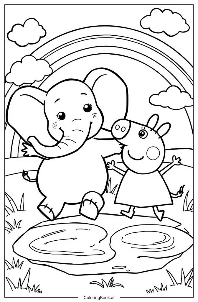  Página para colorir de elefante kawaii com Peppa Pig 