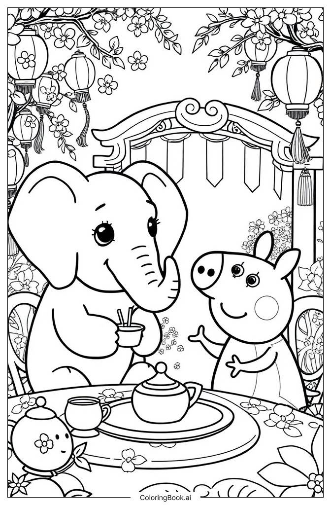  kawaii elephant with peppa pig2 Coloring Page 