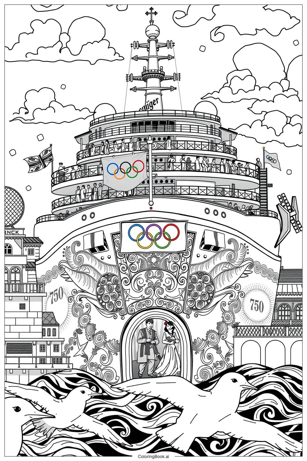  Page de coloriage Bateau Olympique Accueillant des Événements d'Échange Culturel 