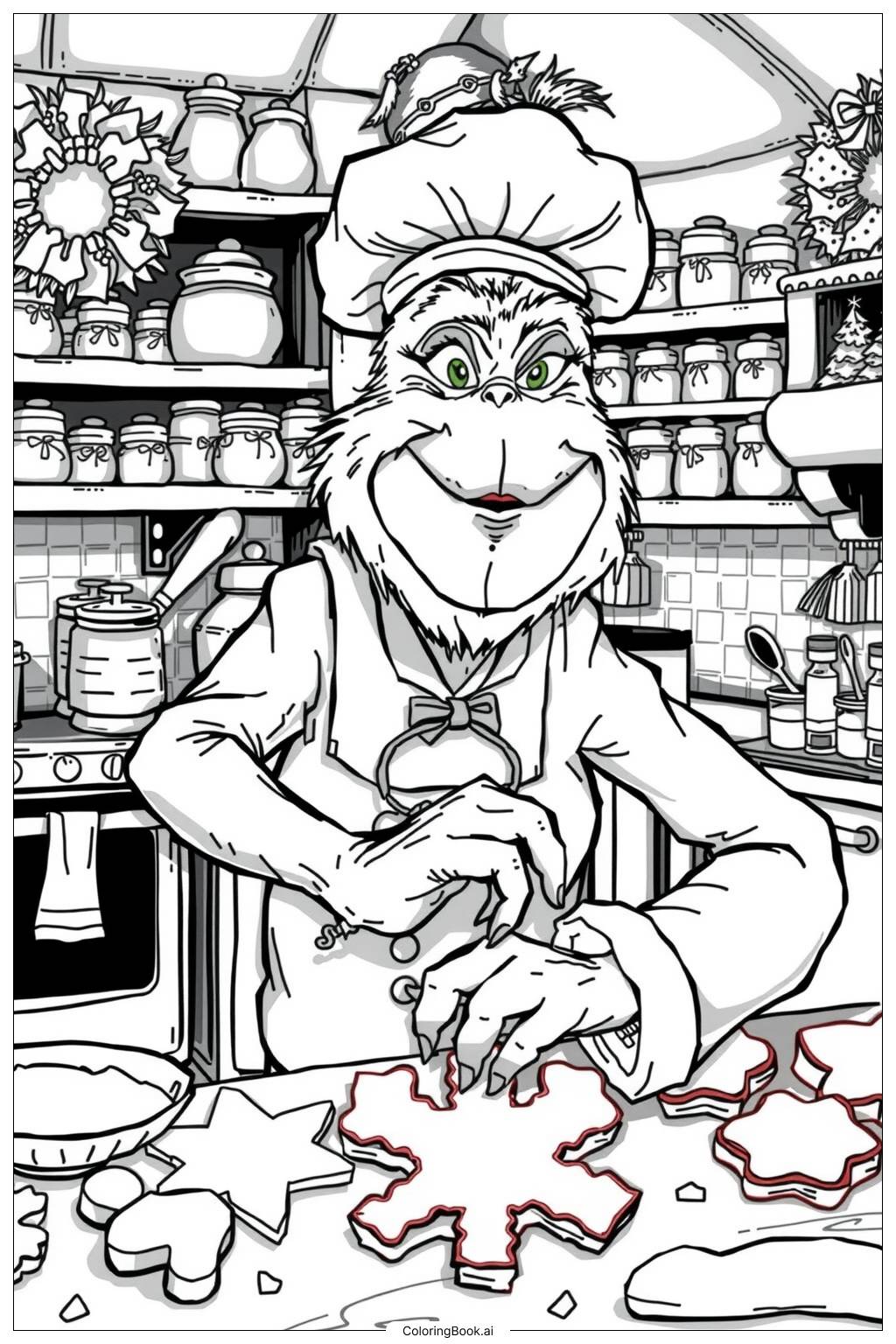  Page de coloriage Le Grinch faisant des biscuits pour Noël 