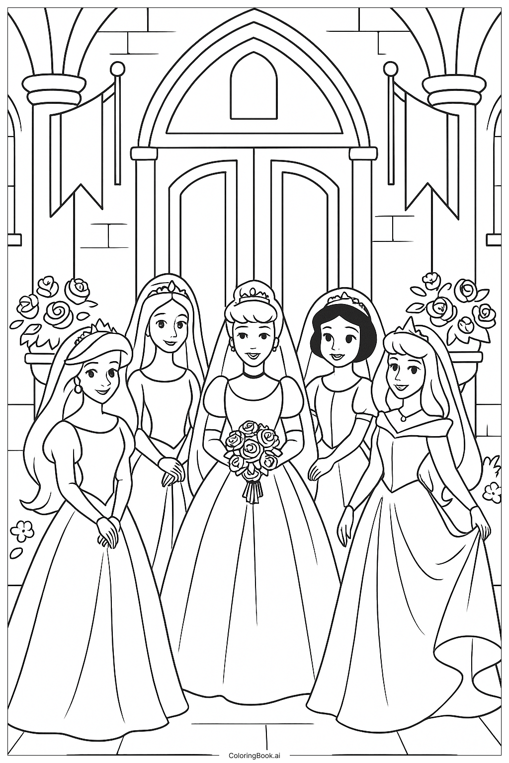  ディズニープリンセスのロイヤルウェディングの塗り絵ページ 