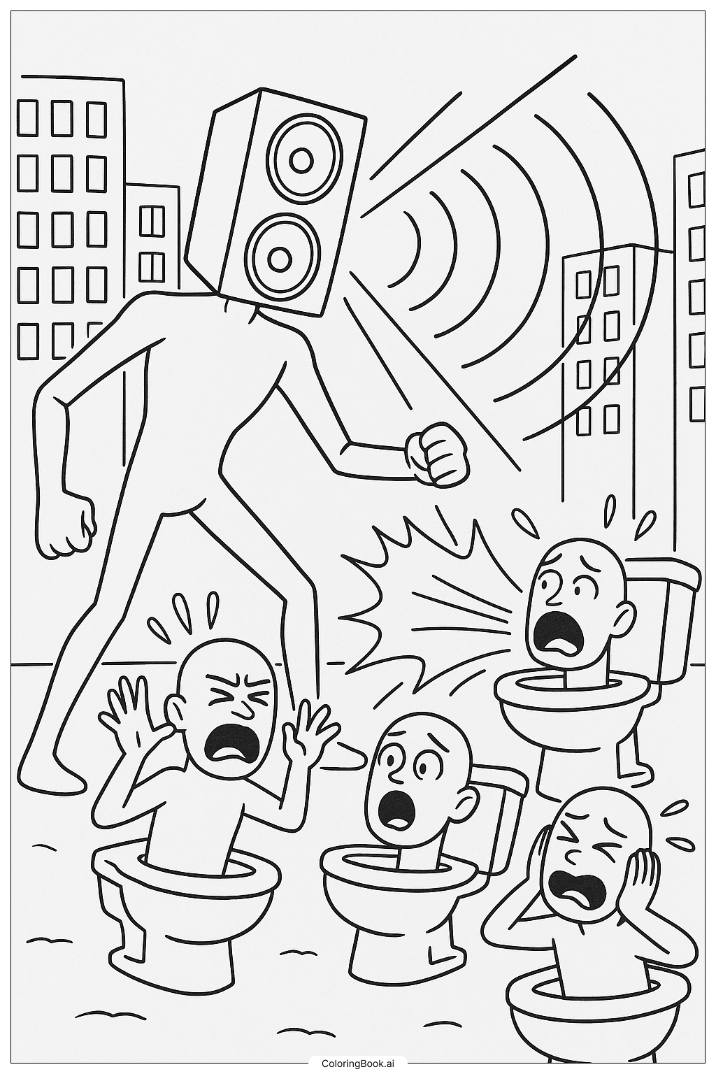  Page de coloriage Titan Speakerman attaque un groupe de toilettes Skibidi 