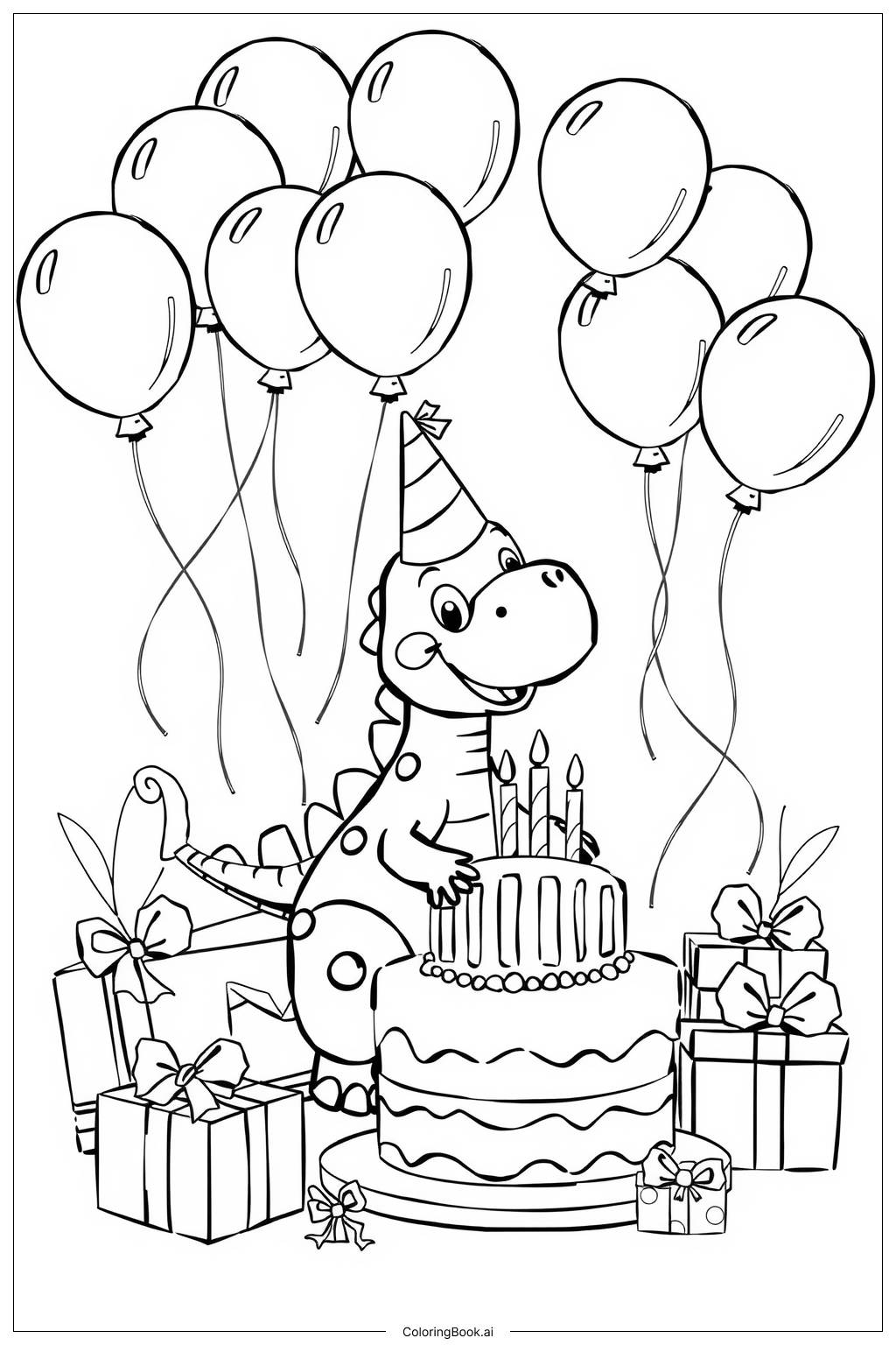  Página para colorir de Celebração de Aniversário dos Dinossauros 