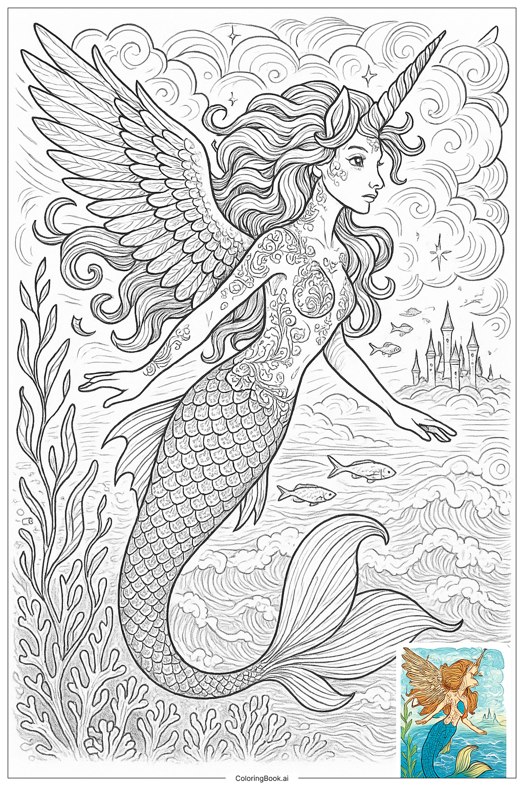  Fairy Mermaid Unicorn Hybrid Flying Coloring Page 