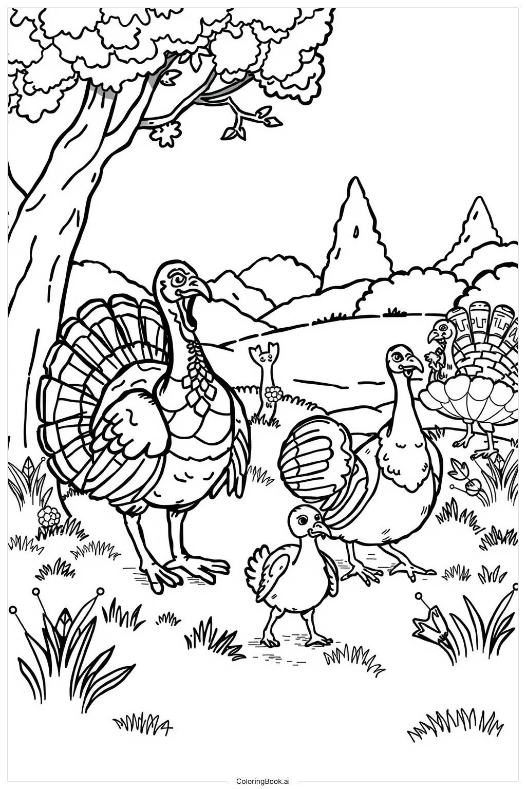  Turkey Family Nature Coloring Page 