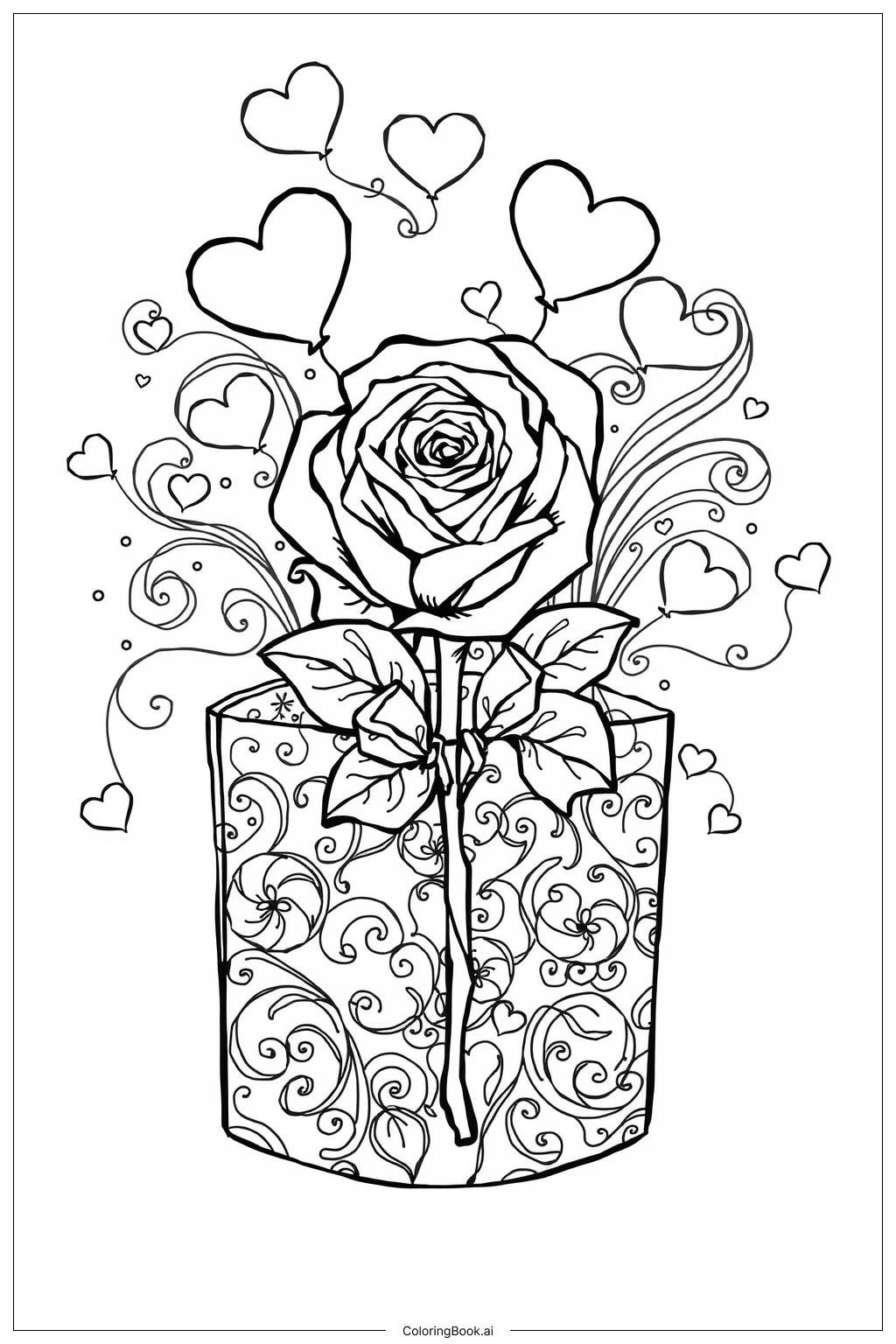  Página para colorear de Regalo de Rosa de San Valentín-2 