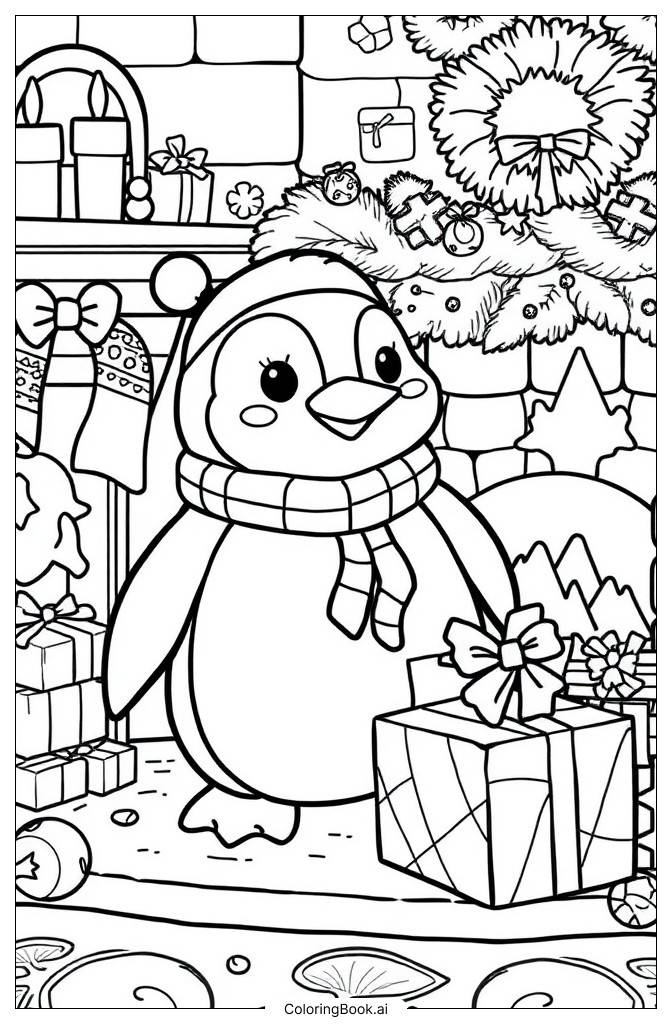  Página para colorear de pingüino kawaii envolviendo regalos cerca de la chimenea 