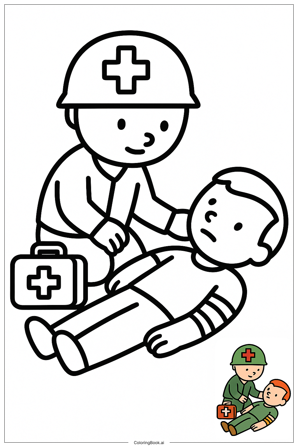  Page de coloriage Médecin militaire aidant un soldat blessé 