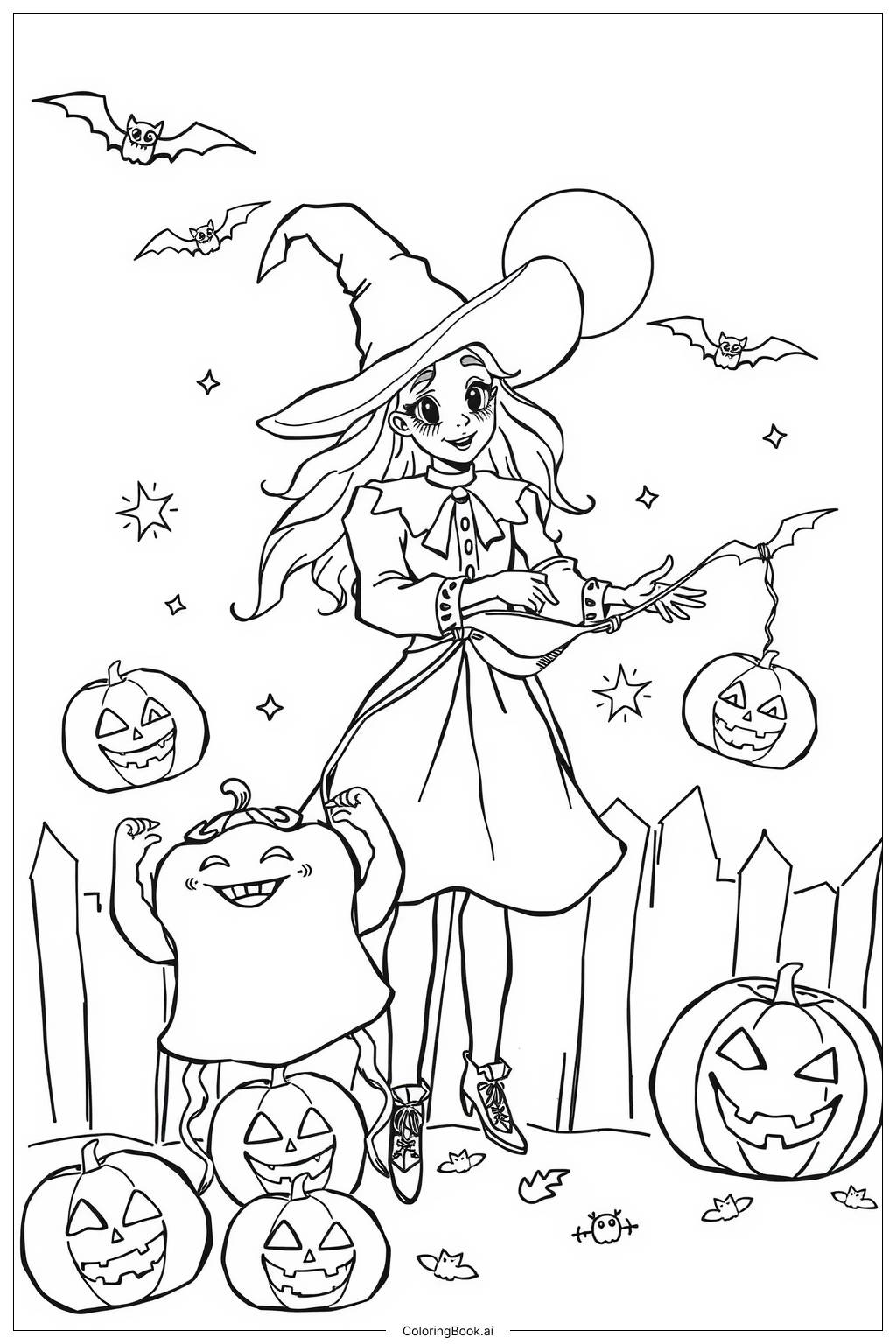  Page de coloriage sorcière nuit d'Halloween 