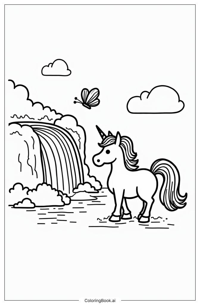  Page de coloriage Licorne et papillon jouant près d'une cascade arc-en-ciel 