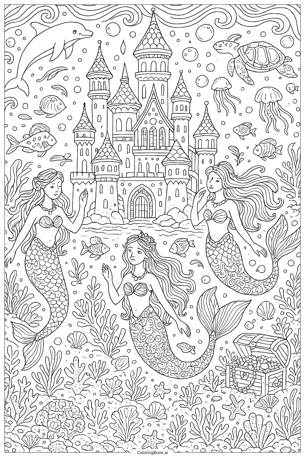  海洋中的美人鱼王国填色页 