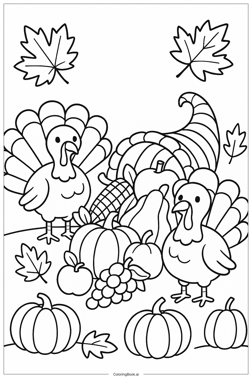  Trang tô màu Two Turkeys Beside A Cornucopia 