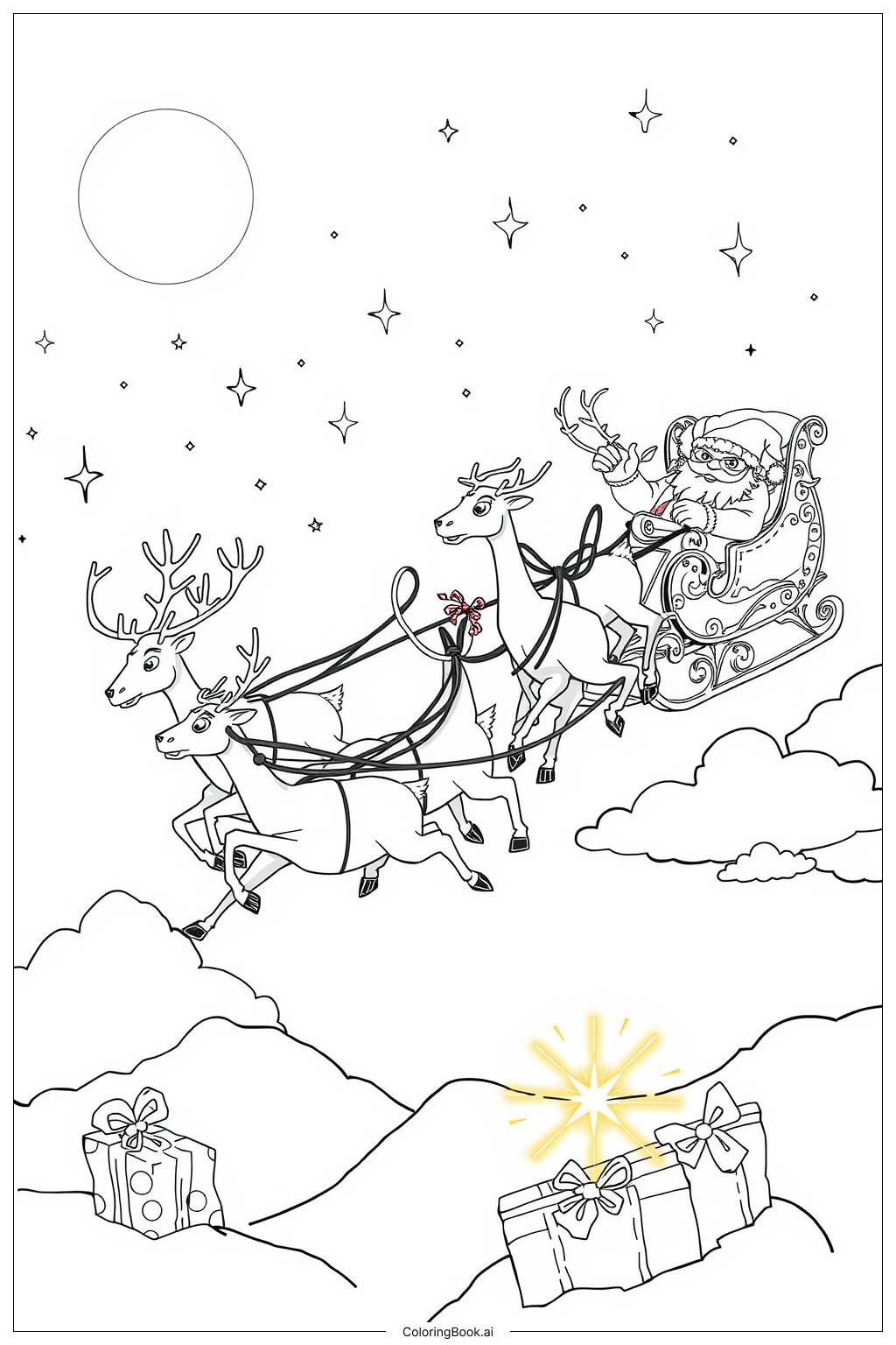  Page de coloriage traîneau du père Noël avec huit rennes-2 