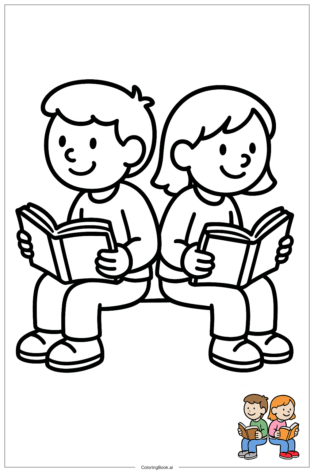  Friends Reading Books Back-To-Back著色頁 