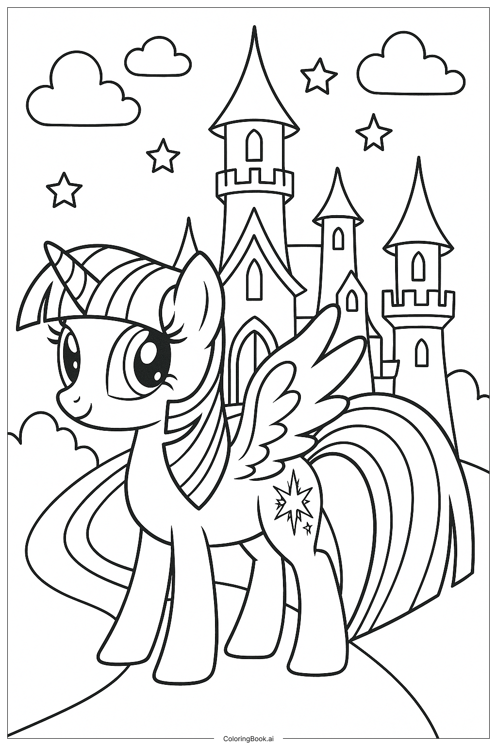 Page de coloriage Twilight Sparkle debout devant le Château de l'Amitié 