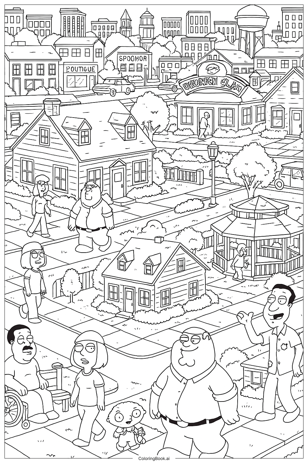 Eine detaillierte Family Guy Quahog Stadt-Szene Ausmalseite