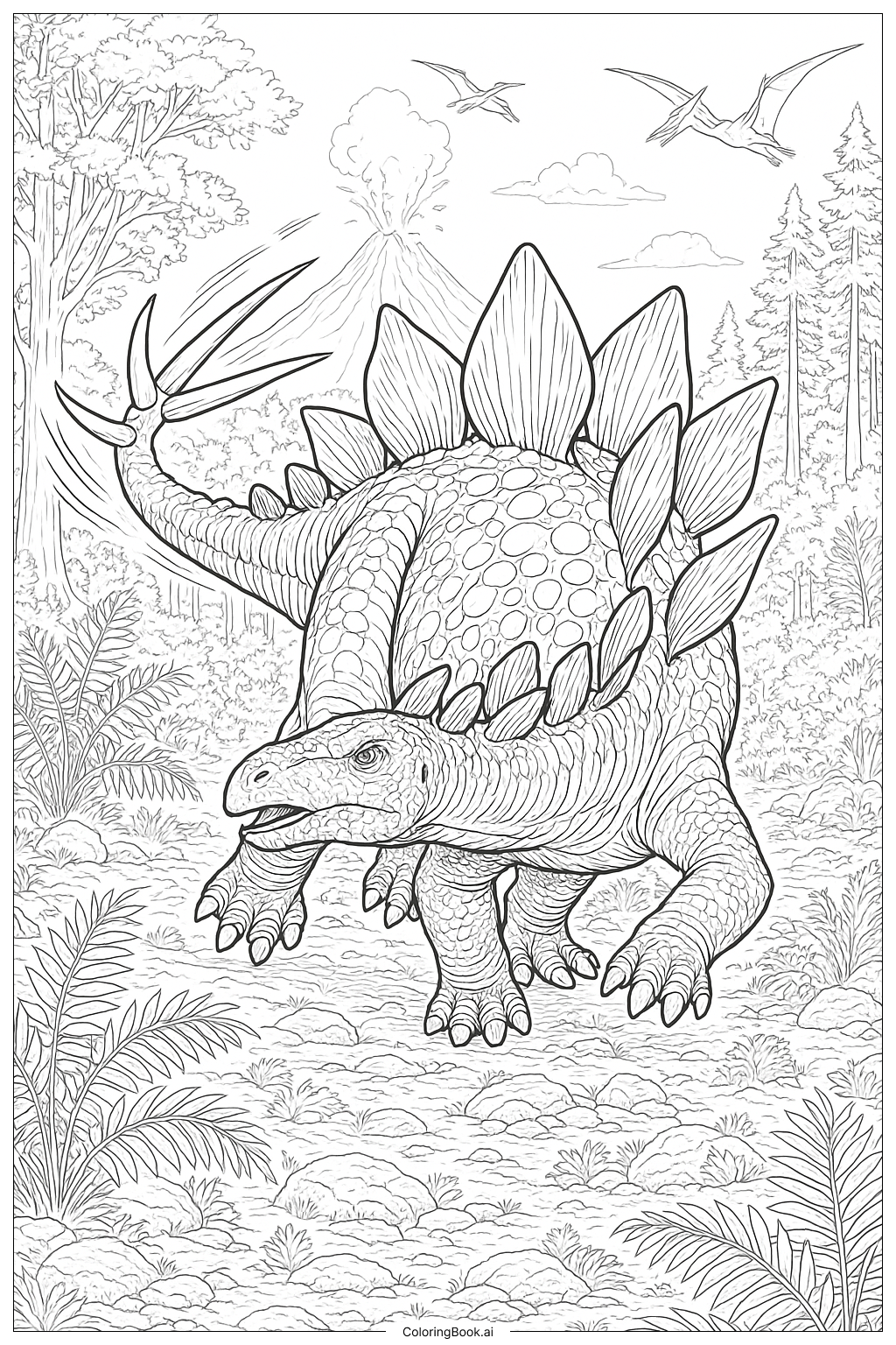 Stegosaurus schwingt seine Schwanzstacheln Ausmalseite