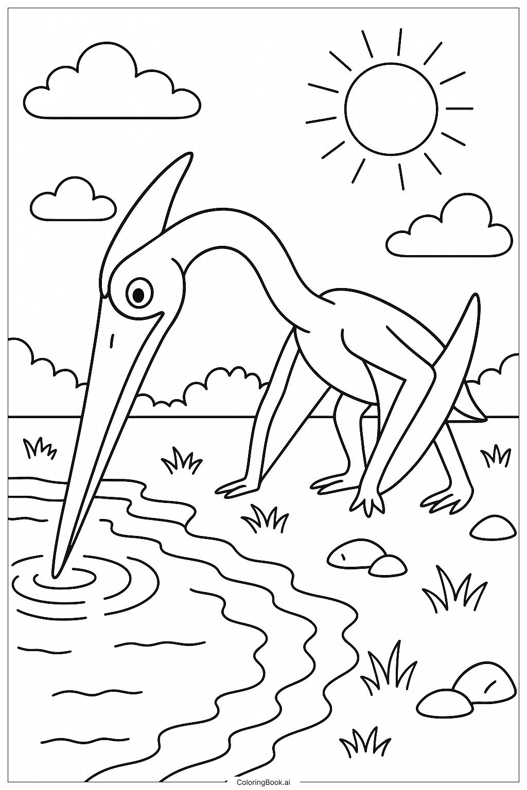  Página para colorir de Quetzalcoatlus Bebendo de um Lago 