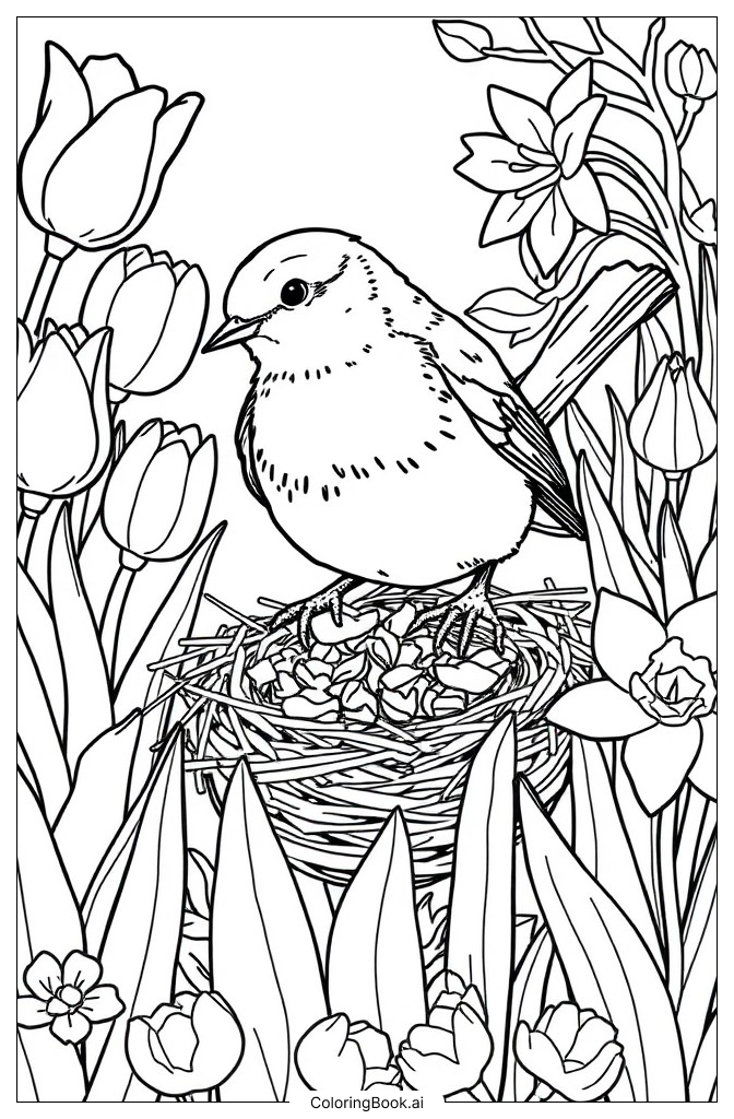 春の鳥 塗り絵ページ（無料のPDF＆PNGプリント）