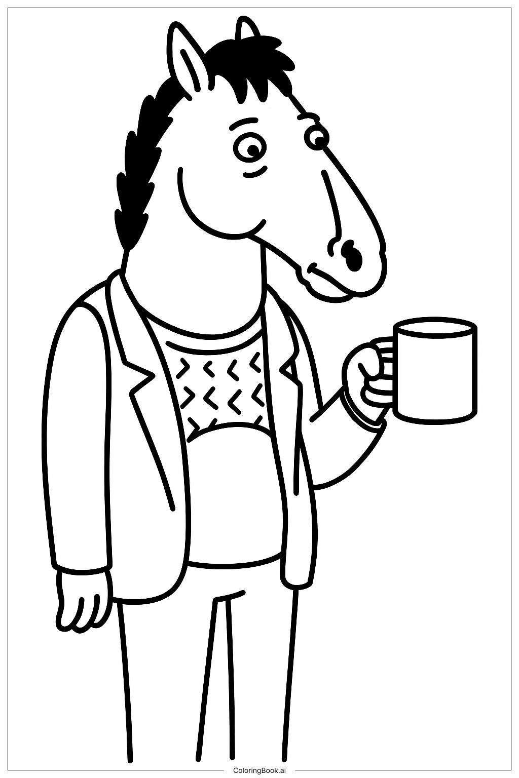  Page de coloriage Bojack Horseman tenant une tasse de café 