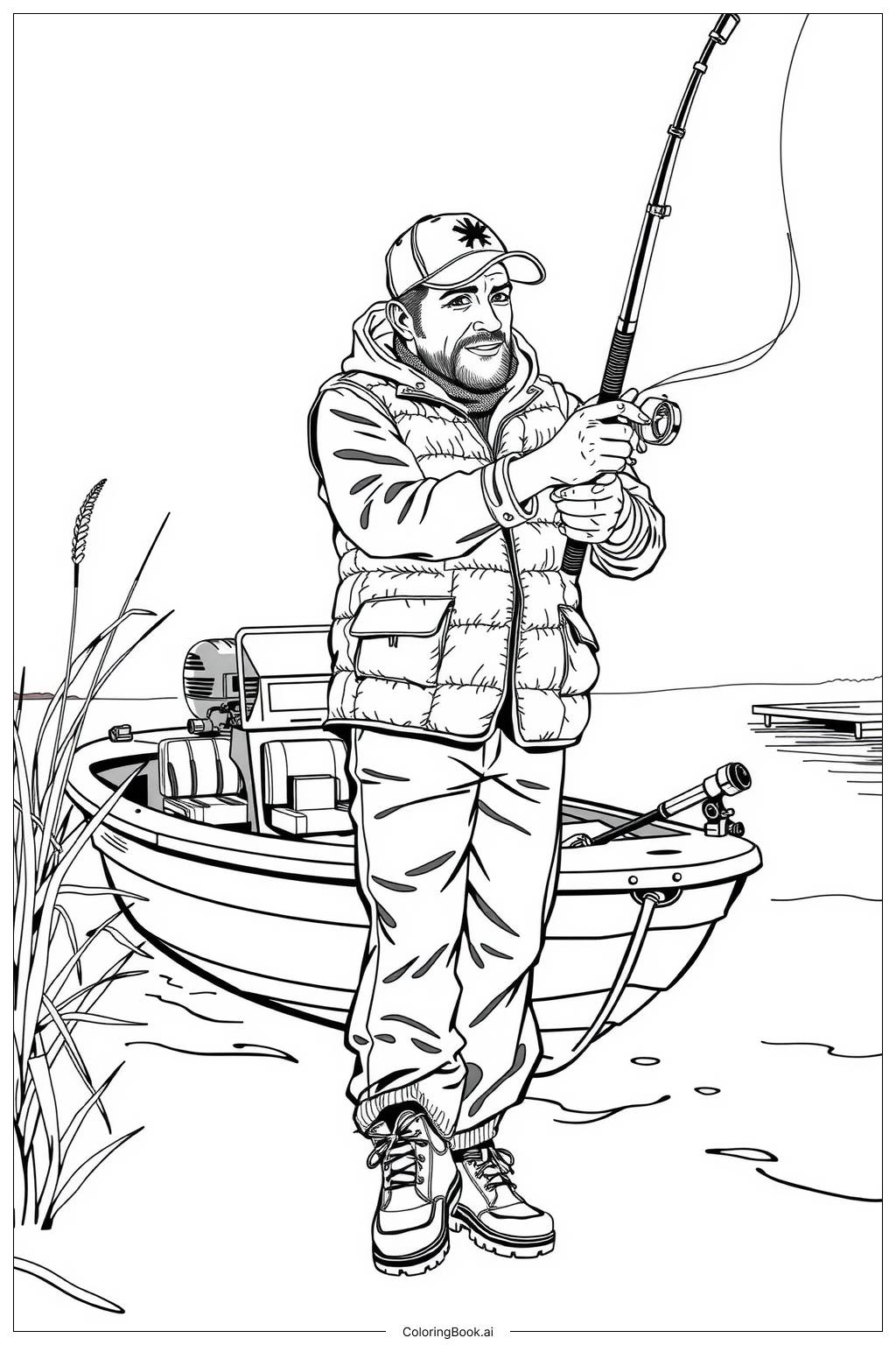  Page de coloriage Bateau de bass avec un pêcheur lançant une ligne 